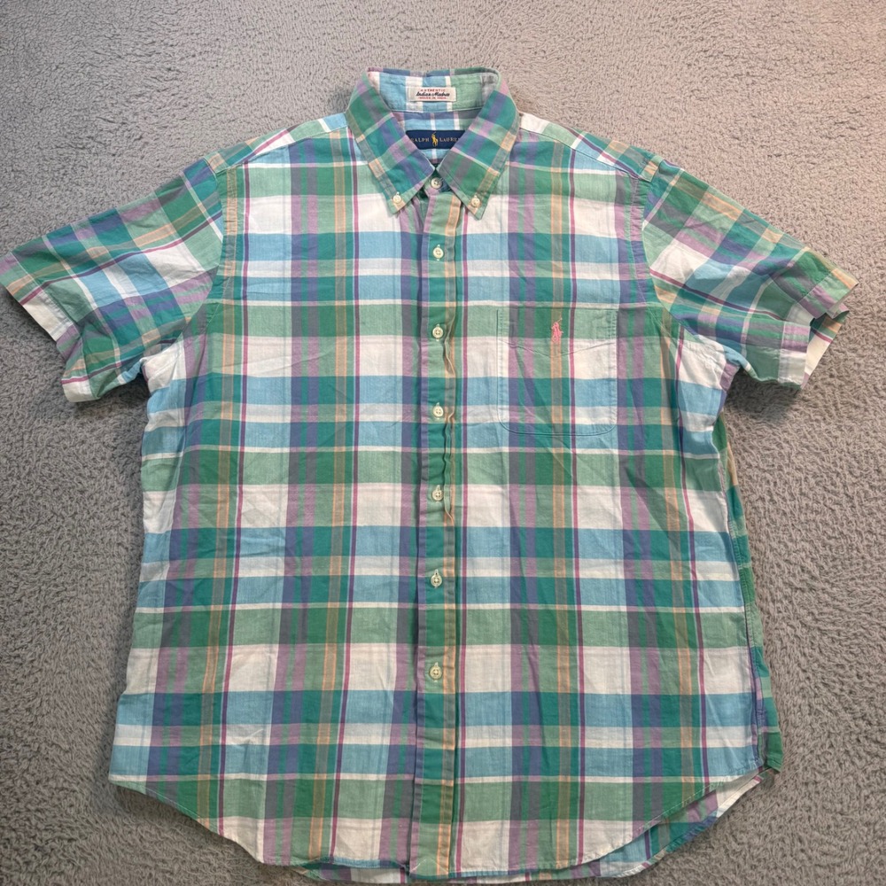Ralph Lauren Mens Indian Madras Plaid Short Sleeve Button Down Shirt Large Green